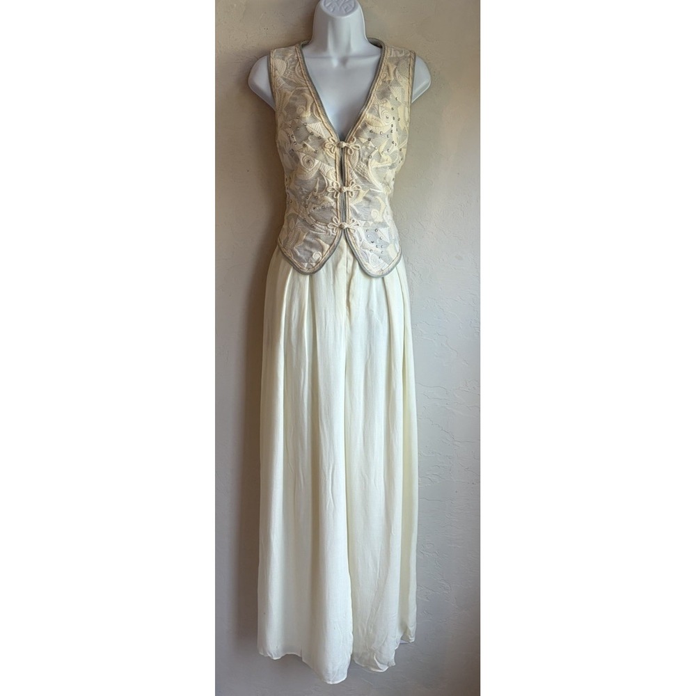 Vintage 80s Tadashi Shoji Tapestry Vest Jumpsuit 12 Frog Wide Leg Flowy Romantic